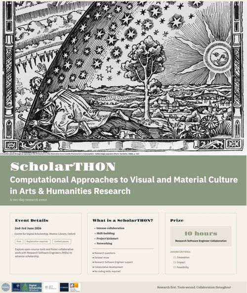 ScholarTHON: Computational Approaches to Visual and Material Culture in Arts & Humanities Research

A post for the event, containing a black-and-white line drawing print of a landscape, celestial bodies, and person.

Details of the event which are also present at the link included in the description.