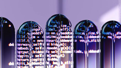 An image of multiple 3D shapes representing speech bubbles in a sequence, with broken up fragments of source code within them.