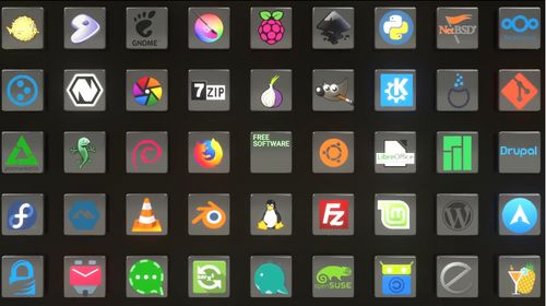 A grid of logos with the phrase "Free Software" in green in the central square. Logos include: Firefox, Blender, Linux, Filezilla, Ubuntu, GIMP, Tor, 7-Zip, Darktable, Debian, VLC, Conversations XMPP client, DavX5, openSUSE, F-Droid, Linux Mint, LibreOffice, KDE, Python, Inkscape, Raspberry Pi, Krita, GNOME, Gentoo...