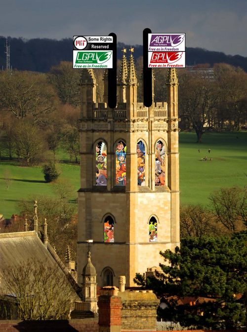 An aerial photo of the tower of Magdalen College, but flags with the MIT, LGPL, AGPL and GPL logos have been edited on, and free and open-source software project mascots can be seen in the windows.